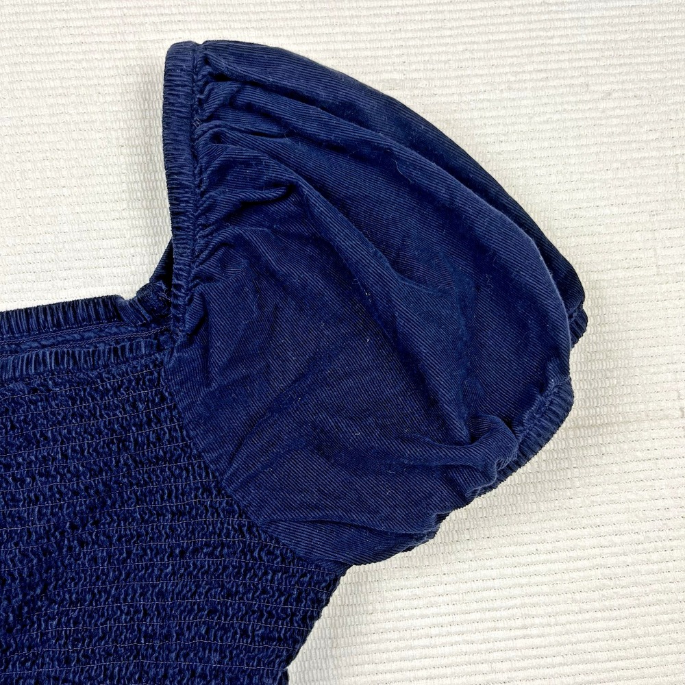 American Eagle Navy ‎ Corduroy Puff Sleeve Smocked Top SZ Med Cottagecore Preppy - Picture 7 of 10